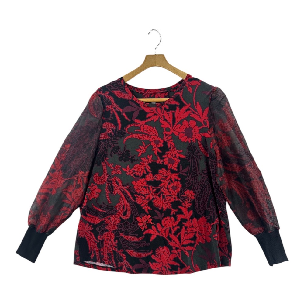 Chicos Floral Puff Sleeve Top Red Black Sheer Mesh Plus Size XXL